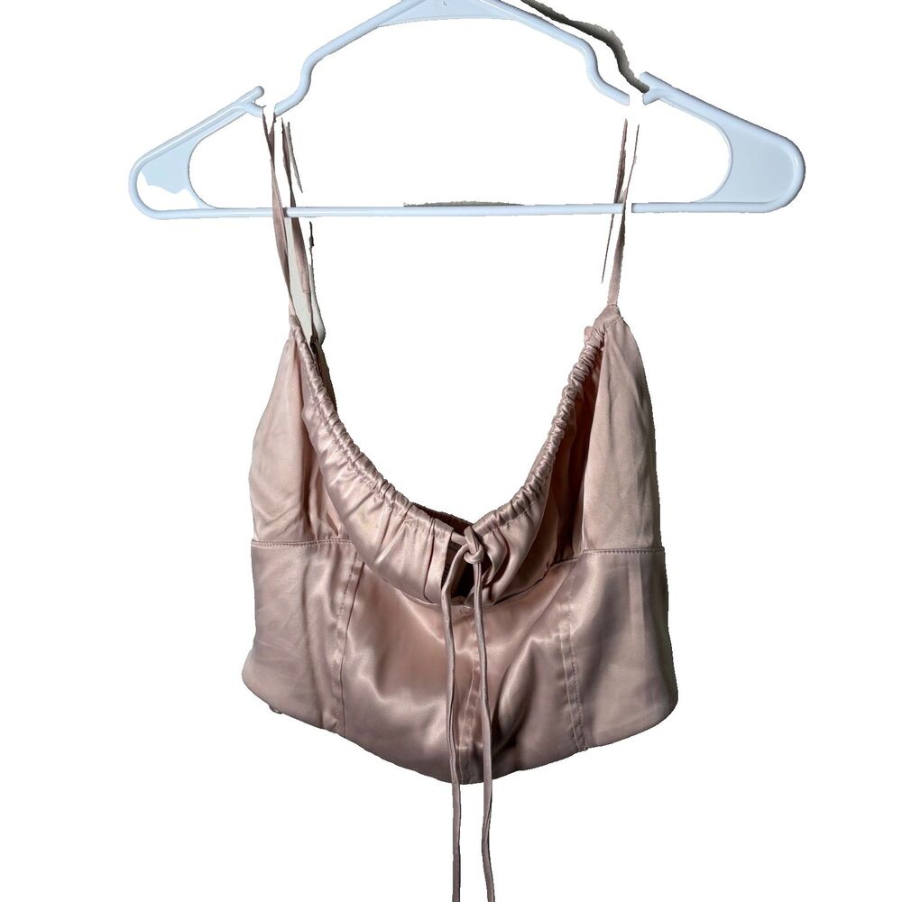 Kirious Tank Top Women's Small Satin Cropped Smocked Round Neck Tie Shirt